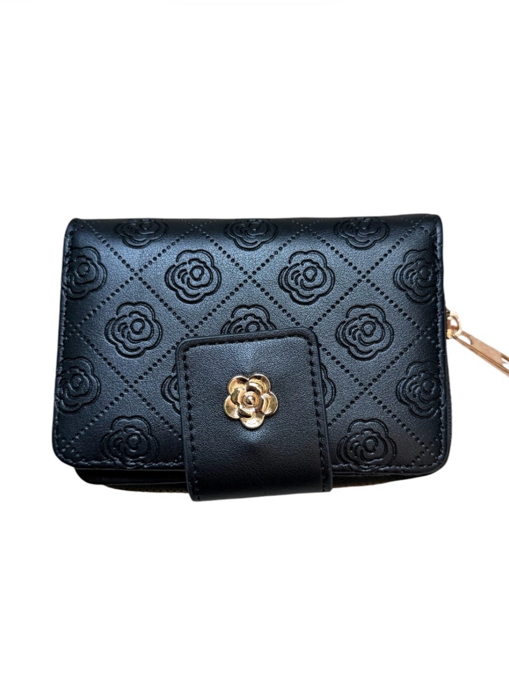 Black Camellia Embossed Bifold Wallet